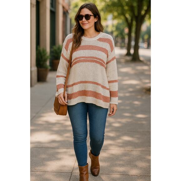Easel Los Angeles Oversized Open Knit Sweater Small Natural Striped Pullover - Picture 1 of 13